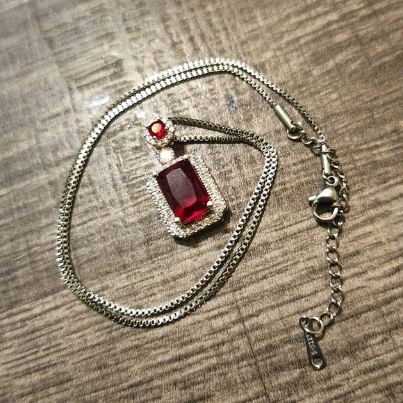 Ruby Pendant Necklace Silver Stainless Steel Emerald Cut Stone for Women - Picture 2 of 9